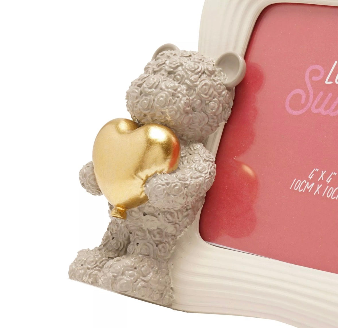 “Romantische fotolijst 10x10 cm met grijze beer en gouden hart – tijdloos cadeau voor haar of hem”