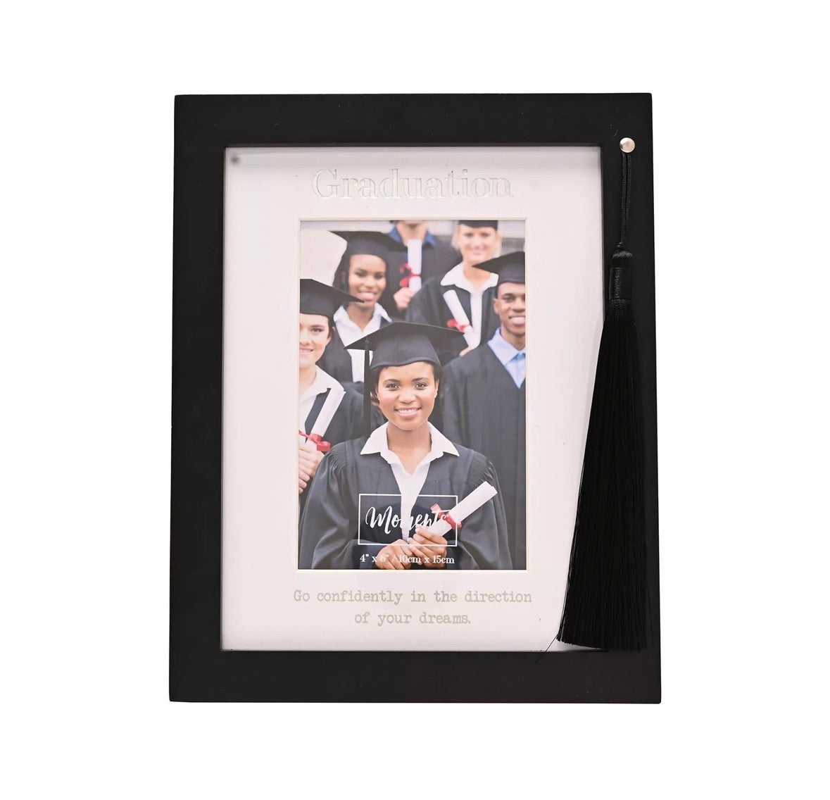 Moments MDF-fotolijst 4"x6" met matte afwerking en zwarte kwastjes – perfect voor afstudeerfoto’s