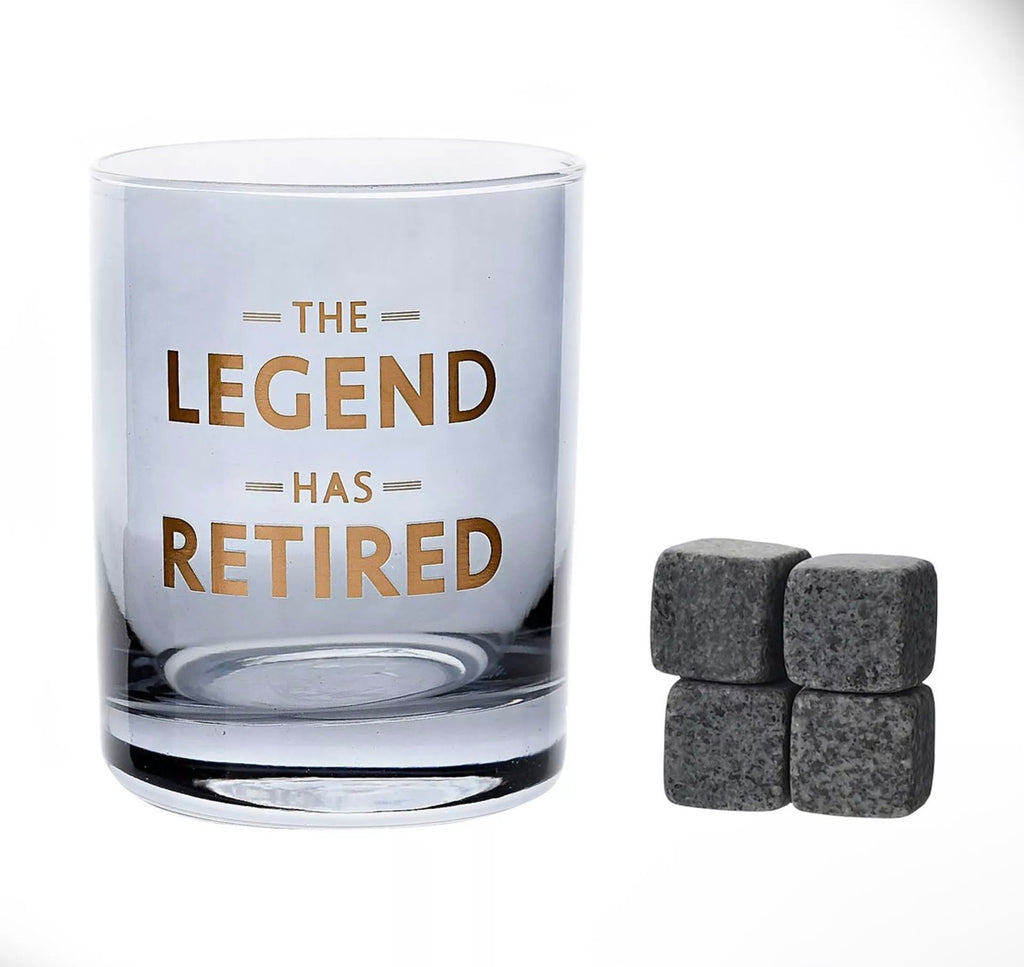 Hotchpotch Orion whiskyglas met gouden “The Legend Has Retired”-opdruk en whiskystenen – perfect pensioen cadeau