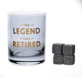 Hotchpotch Orion whiskyglas met gouden “The Legend Has Retired”-opdruk en whiskystenen – perfect pensioen cadeau