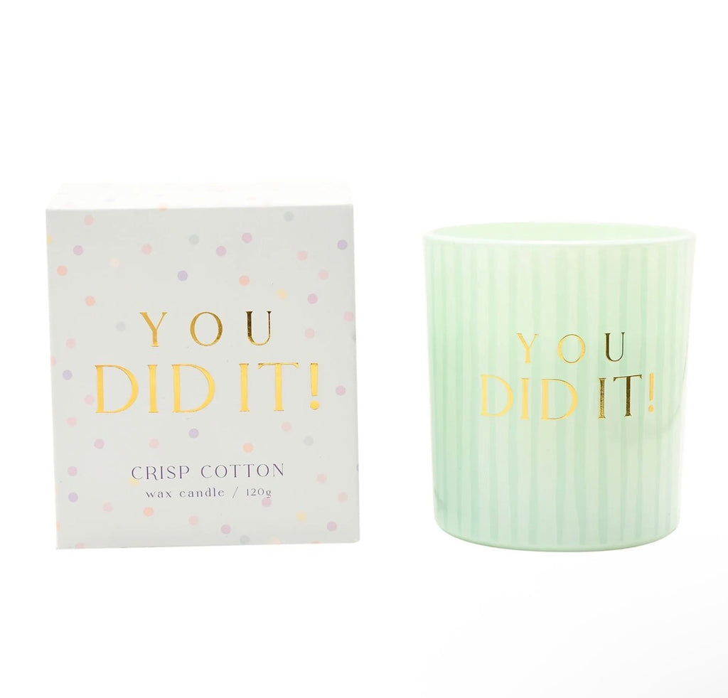 Confetti 120g kaars in lichtgroen gestreept glas – perfect cadeau voor diploma, promotie of mijlpaal