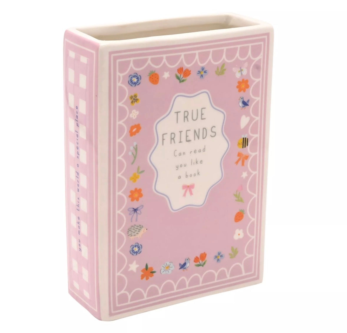Love Life Boek Vaas True Friends, uniek keramisch object voor bloemen of als vrolijk decoratiestuk, ideaal cadeau voor verjaardag of vriendschap