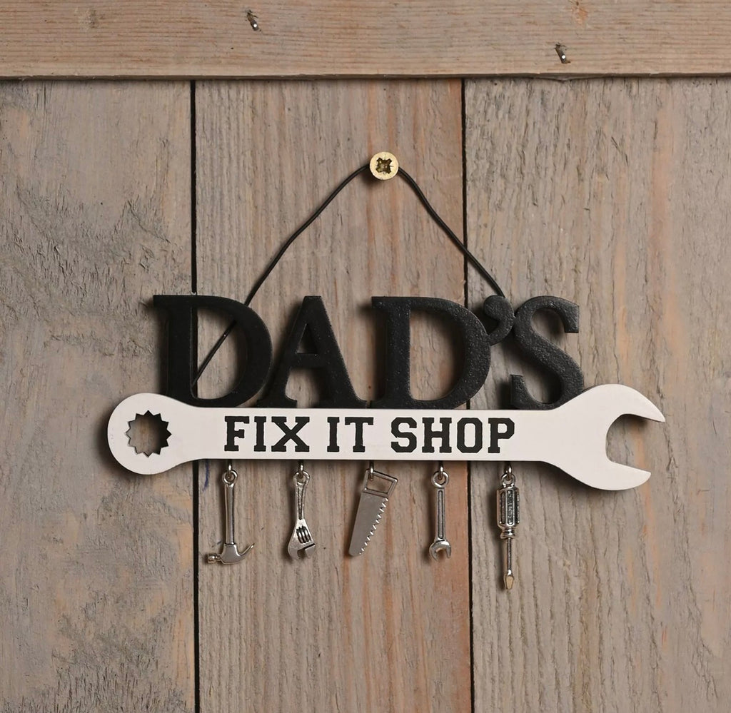 Wandbordje Dad’s Fix It Shop stoer decoratief bord voor garage of mancave als cadeau voor vader en klusser