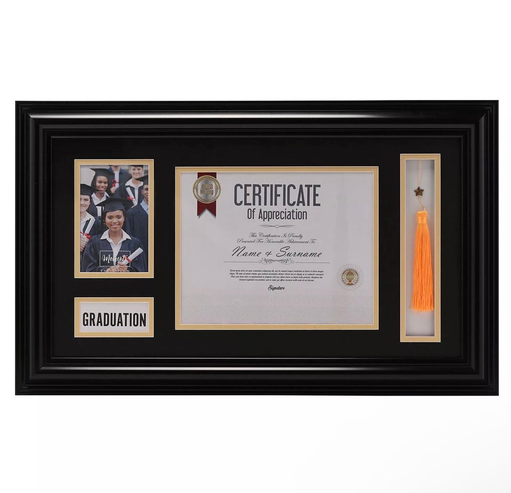 Impressions zwarte fotolijst met gouden accenten en drie compartimenten – perfect cadeau voor afstuderen