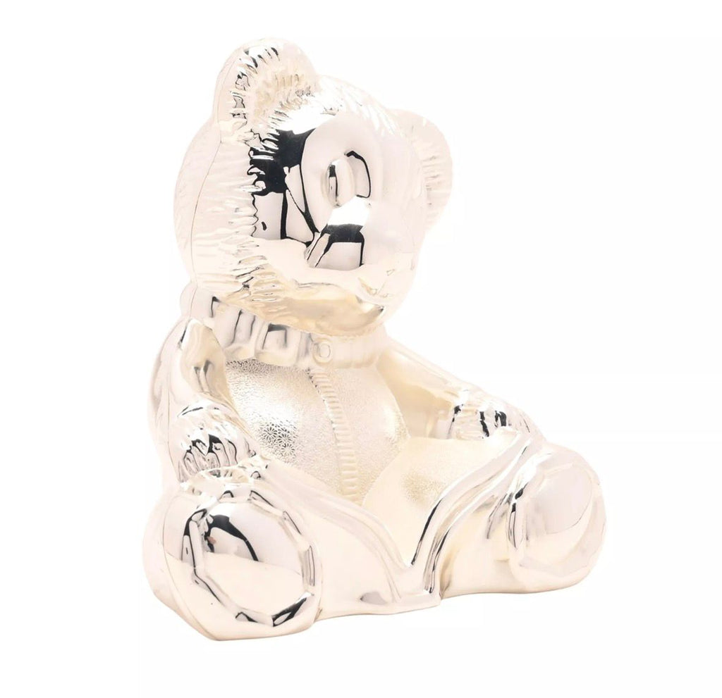 “Bambino teddybeer spaarpot in zilver verguld metaal – decoratief aandenken voor baby’s eerste verjaardag”