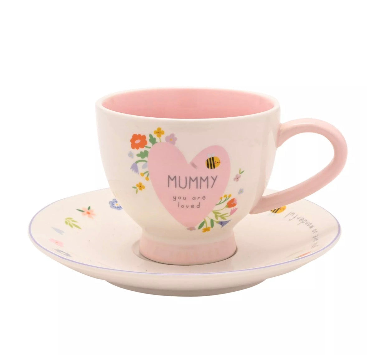 Love Life kop en schotel set, keramisch theekopje met levendige binnenkant en opbeurende boodschap, inclusief bijpassend schoteltje, perfect voor thee of koffie