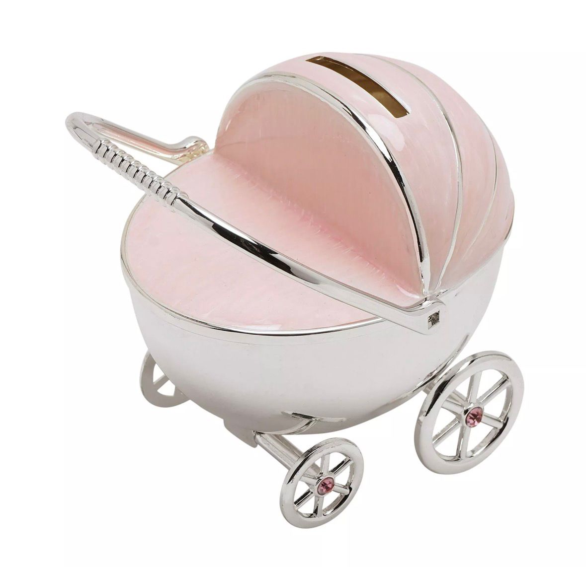 “Zilver vergulde roze spaarpot in kinderwagen design – stijlvol cadeau voor doop of eerste verjaardag”