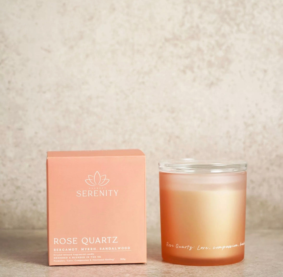 Serenity rozenkwarts kristal-geïnspireerde kaars 380g – luxe geurkaars voor ontspanning en rust