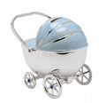 “Blauwe kinderwagen spaarpot zilver verguld van Bambino by Juliana® – stijlvol babycadeau voor geboorte of babyshower”