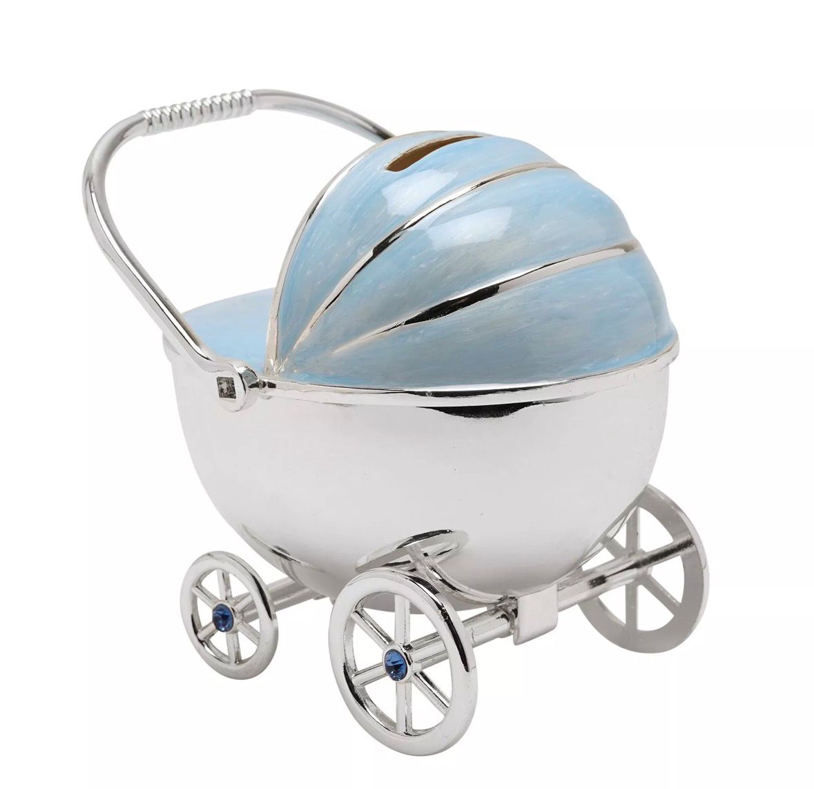 “Blauwe kinderwagen spaarpot zilver verguld van Bambino by Juliana® – stijlvol babycadeau voor geboorte of babyshower”