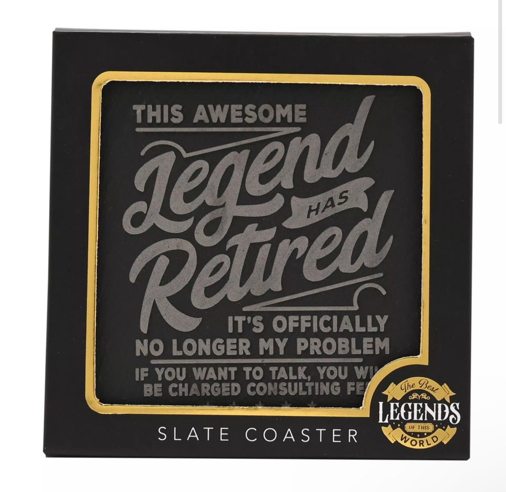 Vierkante leisteen onderzetter met rustieke rand en feestelijke pensioenboodschap – ideaal afscheidscadeau