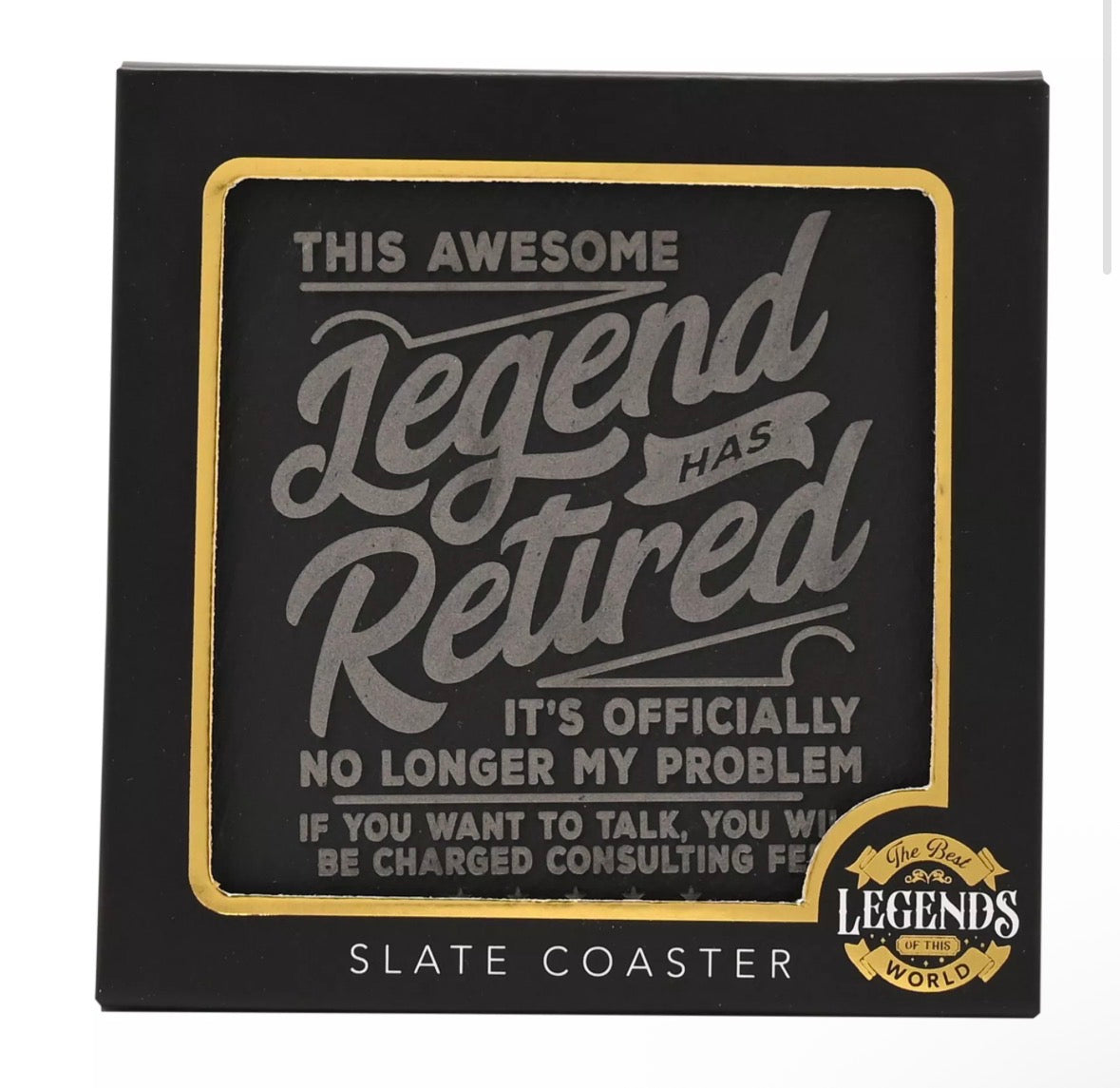 Vierkante leisteen onderzetter met rustieke rand en feestelijke pensioenboodschap – ideaal afscheidscadeau