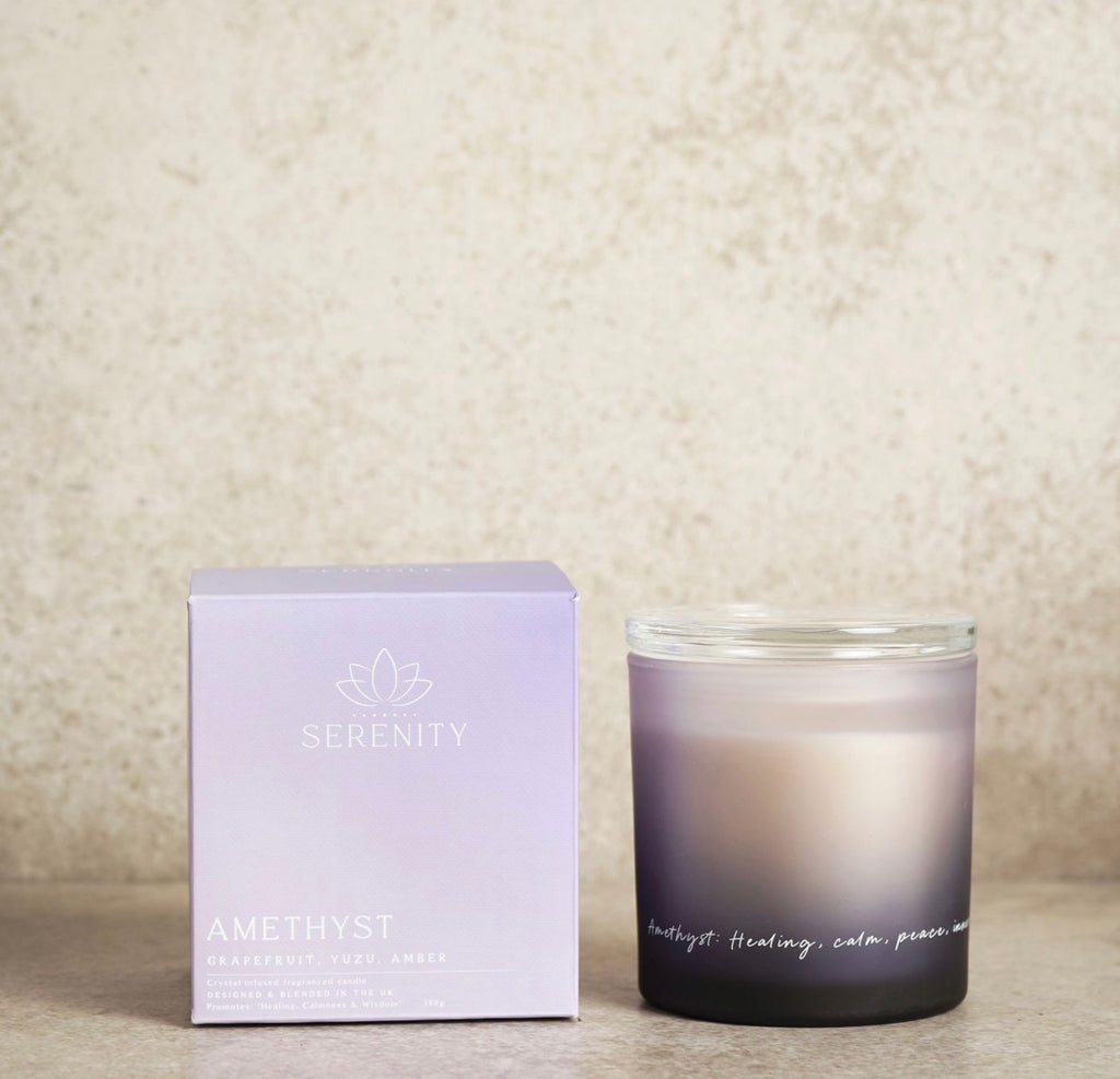 Serenity amethist kristal-geïnspireerde kaars 380g – luxe geurkaars voor ontspanning en meditatie