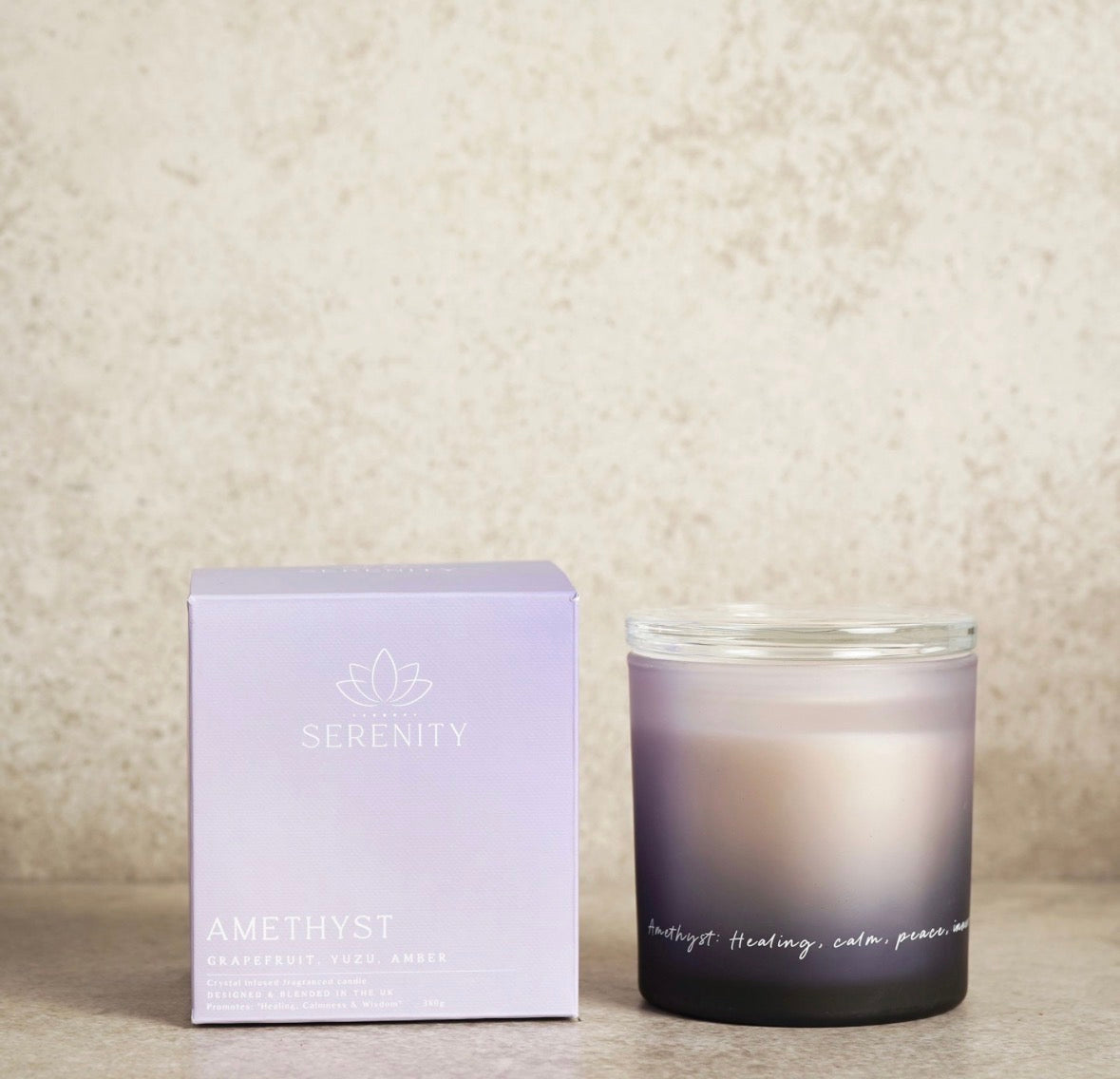 Serenity amethist kristal-geïnspireerde kaars 380g – luxe geurkaars voor ontspanning en meditatie