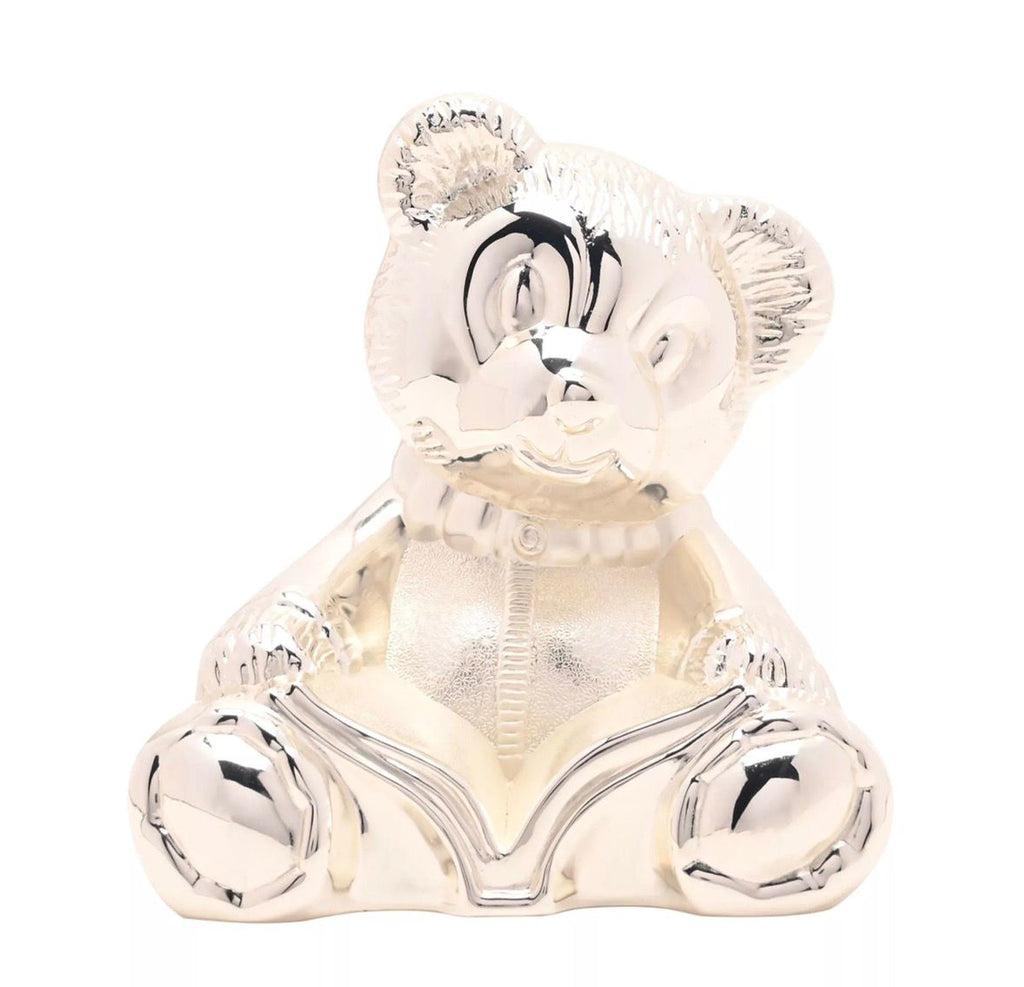 “Zilver vergulde teddybeer spaarpot van Bambino by Juliana® – luxe babycadeau voor doop of babyshower”