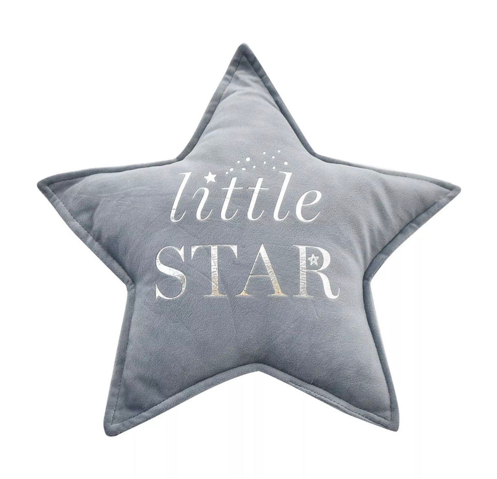 “Decoratief blauw kussen ‘Little Star’ met zilverkleurige opdruk – zacht sterkussen voor babykamer of kinderkamer”