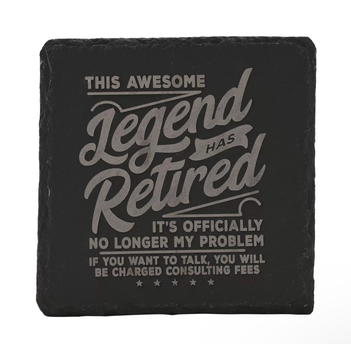 Harvey Makin Legend Leisteen Onderzetter met “Legend Retired”-tekst – luxe pensioen cadeau