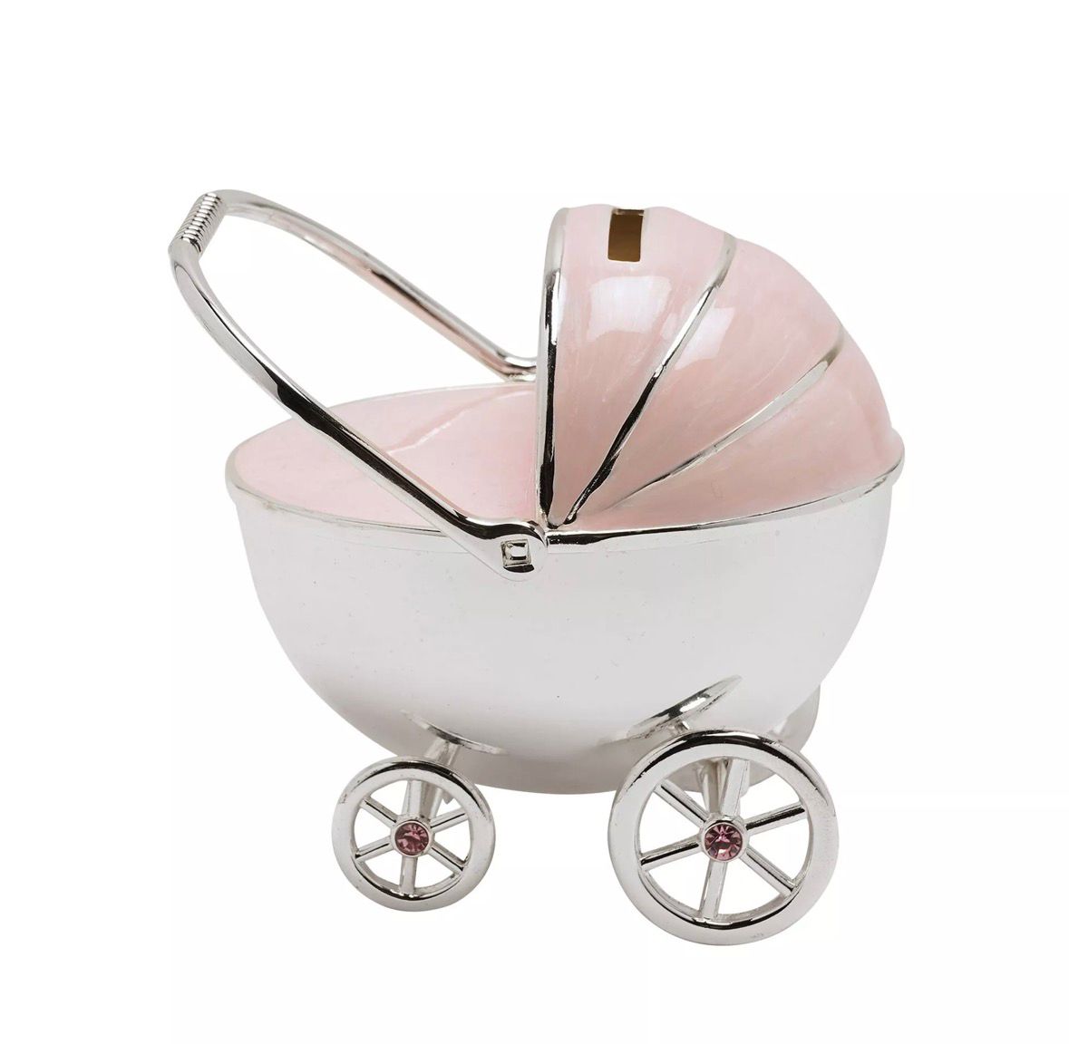 “Bambino roze kinderwagen spaarpot met zilveren afwerking – decoratief aandenken voor babykamer”