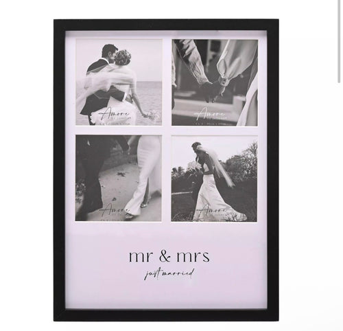 Stijlvol zwart-wit fotoframe met “Mr & Mrs”-inscriptie en wandhaken – perfect voor bruiloft of jubileum
