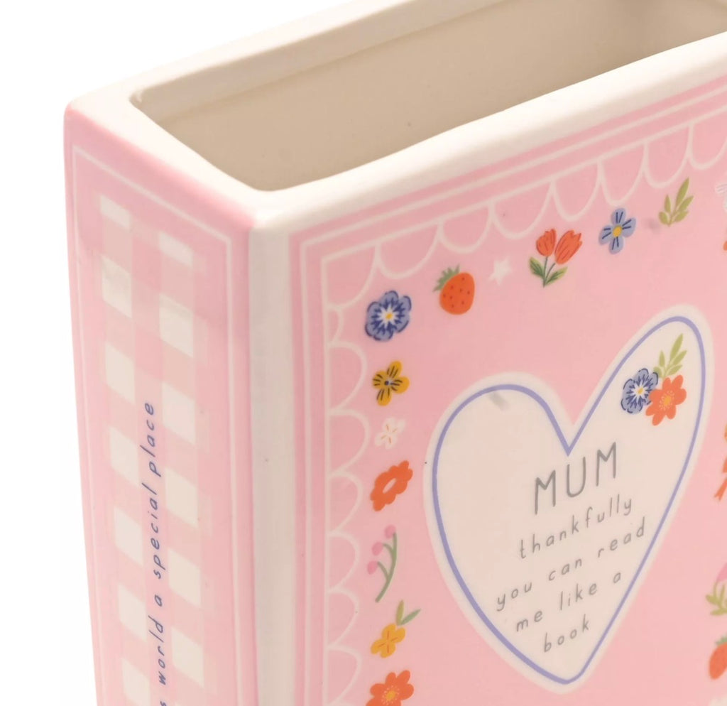 Mum Thankfully Love Life Boek Vaas, keramiek, deel van de Love Life-collectie, stijlvol en functioneel, ideaal voor interieur of als cadeau