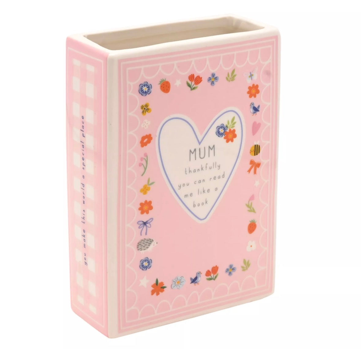 Keramische vaas in boekvorm, Love Life Mum Thankfully, levendig en kleurrijk, voor bloemen of als opvallend woonaccessoire