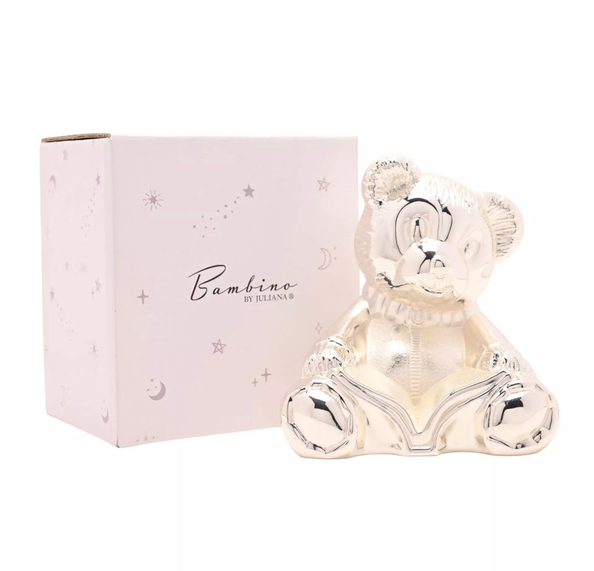 “Baby spaarpot teddybeer zilver verguld – stijlvol en blijvend cadeau voor doop, babyshower of geboorte”
