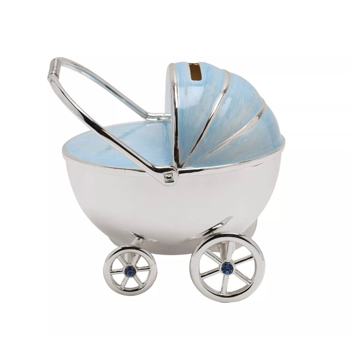“Bambino zilver vergulde blauwe kinderwagen spaarpot – decoratief aandenken voor baby- en kinderkamer”