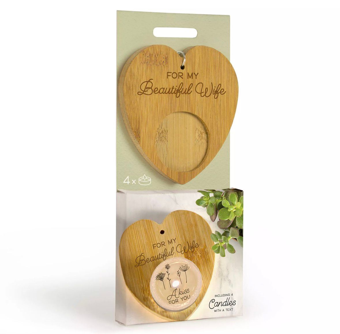 “Duurzame bamboe theelichthouder met 4 theelichtjes en verborgen liefdesboodschap ‘For my beautiful wife’ – romantisch cadeau voor haar”