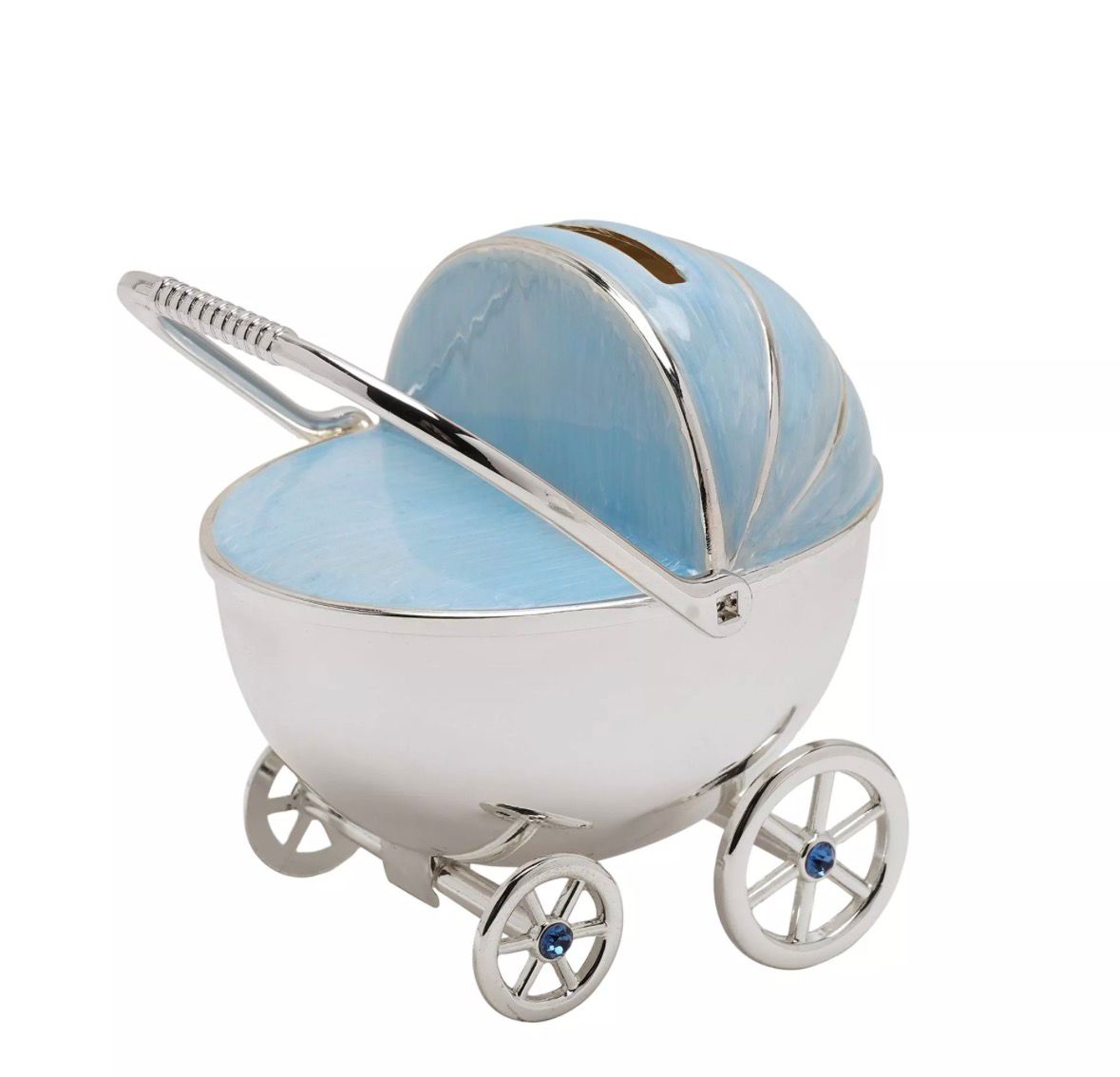 “Zilverkleurige spaarpot in blauwe kinderwagen uitvoering – tijdloos cadeau voor doop of eerste verjaardag”