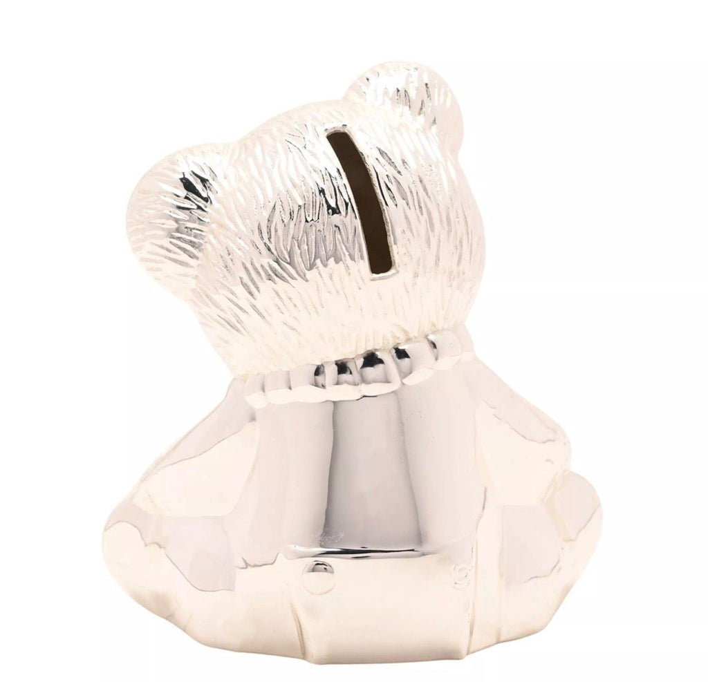 “Schattige zilveren teddybeer spaarpot voor babykamer – tijdloos kraamcadeau van Bambino by Juliana®”