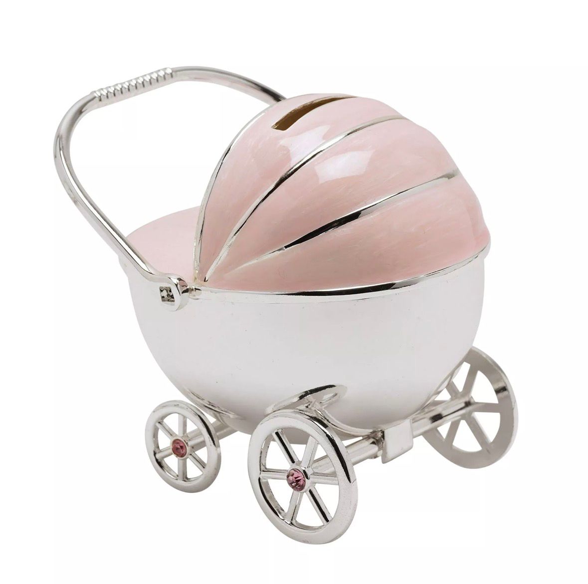 “Roze kinderwagen spaarpot zilver verguld van Bambino by Juliana® – luxe babycadeau voor geboorte of babyshower”